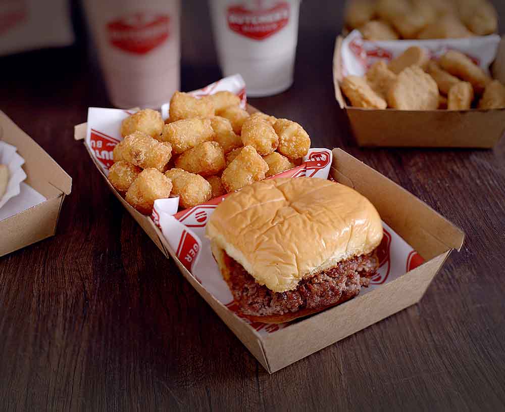 Burger and golden tater tots